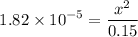 $1.82 \times 10^{-5}=\frac{x^2}{0.15}$