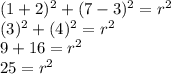(1+2)^2+(7-3)^2=r^2\\(3)^2+(4)^2=r^2\\9+16=r^2\\25=r^2