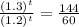 \frac{(1.3)^t}{(1.2)^t} = \frac{144}{60}