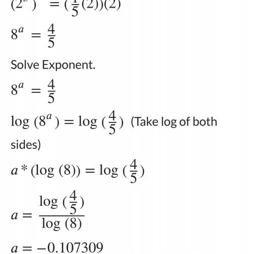 3^a /3^-4 = 3^6

6^-5 = 6^a x 6^-7
(2^3)^a = 1/2 x 2 x 2
Solve for the a's
( it would also be REALLY