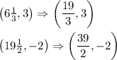 \left(6\frac{1}{3},3\right)\Rightarrow \left(\dfrac{19}{3},3\right)\\\\\left(19\frac{1}{2},-2\right)\Rightarrow \left(\dfrac{39}{2},-2\right)