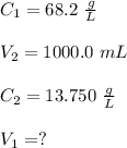 C_1=68.2 \ \frac{g}{L}\\\\V_2=1000.0 \ mL \\\\C_2=13.750 \ \frac{g}{L}\\\\V_1=?