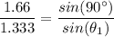\dfrac{1.66}{1.333} = \dfrac{sin (90^{\circ})}{sin (\theta_1)}
