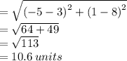 =  \sqrt{ {( - 5 - 3)}^{2} +  {(1 - 8)}^{2}  }  \\  =  \sqrt{64 + 49}  \\  =  \sqrt{113}  \\  = 10.6 \: units