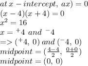 at \: x - intercept, \: ax) = 0 \\ (x - 4)(x + 4) = 0 \\  {x}^{2}  = 16 \\ x =   {}^{ + } 4 \:  \: and \:  \:  {}^{ - } 4 \\  =   ( {}^{ + } 4, \: 0) \: and \: ( {}^{ - } 4, \: 0) \\ midpoint = ( \frac{4 - 4}{2} , \:  \frac{0 + 0}{2} ) \\ midpoint = (0, \: 0)