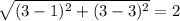 $\sqrt{(3-1)^2+(3-3)^2} = 2$