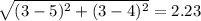 $\sqrt{(3-5)^2+(3-4)^2} = 2.23$