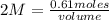 2 M=\frac{0.61 moles}{volume}