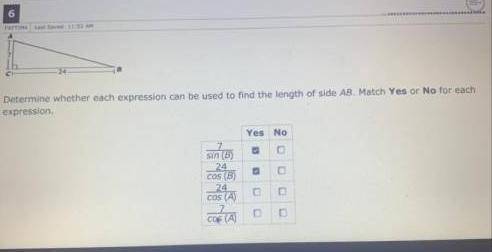 Determine whether each expression can be used to find the length of side AB. Match Yes or No for eac