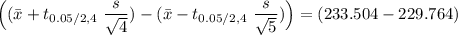 \Big ( (\bar x + t_{0.05/2, 4} \ \dfrac{s}{\sqrt{4}}} )- (\bar {x} - t_{0.05/2, 4} \ \dfrac{s}{\sqrt{5}}}) \Big) = (233.504-229.764)