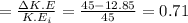 = \frac{\Delta K.E}{K.E_i} = \frac{45 -12.85}{45} = 0.71