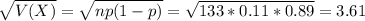 \sqrt{V(X)} = \sqrt{np(1-p)} = \sqrt{133*0.11*0.89} = 3.61