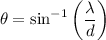 $\theta = \sin^{-1}\left(\frac{\lambda}{d}\right)$