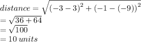 distance =  \sqrt{ {( - 3 - 3)}^{2} +  {( - 1 - ( - 9))}^{2}  }  \\  =  \sqrt{36 + 64}  \\  =  \sqrt{100}  \\  = 10 \: units