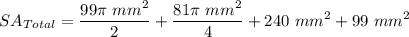 \displaystyle SA_{Total} = \frac{99\pi \ mm^2}{2} + \frac{81\pi \ mm^2}{4} + 240 \ mm^2 + 99 \ mm^2