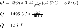 Q=236g*0.24\frac{J}{g\°C} (34.9\°C-8.5\°C)\\\\Q=1495.3J*\frac{1kJ}{1000J} \\\\Q=1.5kJ