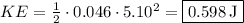 KE=\frac{1}{2}\cdot 0.046\cdot 5.10^2=\boxed{0.598\:\mathrm{J}}