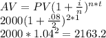 AV=PV(1+\frac{i}{n})^{n*t}}\\2000(1+\frac{.08}{2})^{2*1}\\2000*1.04^2=2163.2