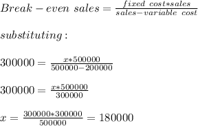 Break-even\ sales=\frac{fixed\ cost*sales}{sales-variable\ cost}\\\\substituting:\\\\300000= \frac{x*500000}{500000-200000} \\\\300000=\frac{x*500000}{300000} \\\\x=\frac{300000*300000}{500000} =180000