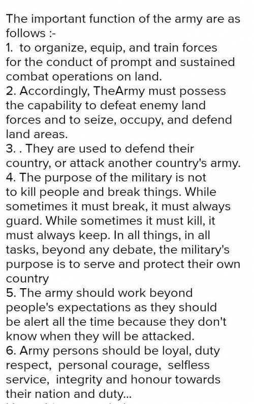 Define an army.

list the function of army (5)state 5 roles of an army .state 6 duties of an army.​