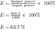 E = \frac{0utput \ power}{1nput \ power} \times \ 100\%\\\\E = \frac{955.5}{1500} \times \ 100\% \\\\E = 63.7 \ \%