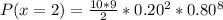 P(x =2) = \frac{10*9}{2} * 0.20^2 * 0.80^8