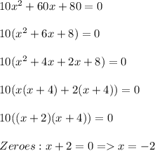 10x^2 + 60x +80 = 0\\\\10(x^2 + 6x + 8)= 0\\\\10(x^2 + 4x + 2x + 8)=0\\\\10(x(x+4)+2(x+4))=0\\\\10((x+2)(x+4))=0\\\\Zeroes : x + 2 = 0 =x = -2