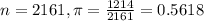 n = 2161, \pi = \frac{1214}{2161} = 0.5618