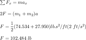 \sum F_x = ma_x  \\ \\  2F = (m_1+m_2) a \\ \\  F = \dfrac{1}{2}(74.53 4 + 27.950)lb.s^2/ft(2 \ ft/s^2) \\ \\  F =  102.484 \ lb