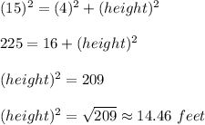 (15)^2=(4)^2+(height)^2\\\\225=16+(height)^2\\\\(height)^2=209\\\\ (height)^2=\sqrt{209}\approx14.46\  feet