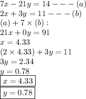 7x - 21y = 14 -  -  - (a) \\ 2x + 3y = 11 -  -  - (b) \\ (a) + 7 \times (b) :  \\ 21x + 0y = 91 \\ x = 4.33 \\ (2 \times 4.33) + 3y = 11 \\ 3y = 2.34 \\ y = 0.78 \\  { \boxed{x = 4.33}} \\ { \boxed{y = 0.78}}