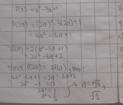If f(x) = x2 - 3x + 1 and f(2 a) = 2f(a) then a is equal to​