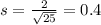 s = \frac{2}{\sqrt{25}} = 0.4
