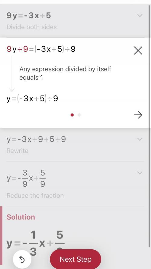 Convert the equation into Slope Intercept form (y=mx+b).
9y = -3x + 5