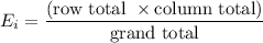 $E_i=\frac{(\text{row total } \times \text{column total})}{\text{grand total}}$