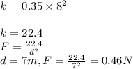 k=0.35\times 8^{2} \\\\k=22.4\\F=\frac{22.4}{d^{2} } \\d=7m, F=\frac{22.4}{7^{2} } =0.46N