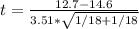 t = \frac{12.7 - 14.6}{3.51 *\sqrt{1/18 + 1/18}}