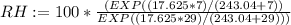 RH: =100*\frac{(EXP((17.625*7)/(243.04+7))}{EXP((17.625*29)/(243.04+29)))}