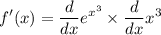\displaystyle f'(x) =   \frac{d}{dx}  {e}^{ {x}^{3} }  \times  \frac{d}{dx}  {x}^{3}