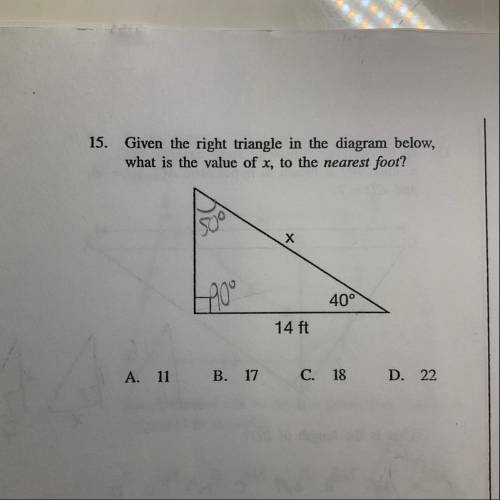 Given the triangle below, what is the measure of x to the nearest foot?