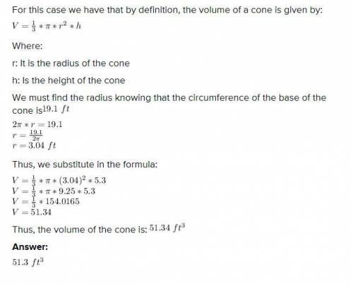 Find the volume of a right circular cone that has a height of 5.3 ft and a base with a circumference