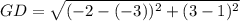 GD = \sqrt{(-2 -(-3))^2 + (3 - 1)^2}