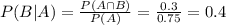 P(B|A) = \frac{P(A \cap B)}{P(A)} = \frac{0.3}{0.75} = 0.4
