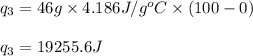 q_3=46g\times 4.186J/g^oC\times (100-0)\\\\q_3=19255.6J