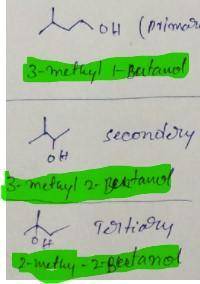 Write the structural formula for a primary, a secondary, and a tertiary constitutionally isomeric al