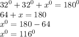 {32}^{0}  +  {32}^{0} +  {x}^{0} =  {180}^{0}  \\ 64 + x =  180 \\  {x}^{0}  = 180 - 64 \\  {x}^{0}  =  {116}^{0}