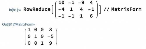 3.)

Solve the following system of equations for all three variables.
10x - y - 9z = 4
- 4x + y + 4z