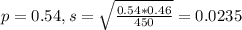p = 0.54, s = \sqrt{\frac{0.54*0.46}{450}} = 0.0235
