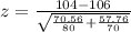 z = \frac{104 - 106}{\sqrt{\frac{70.56}{80} + \frac{57.76}{70}}}