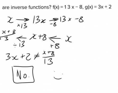Are inverse functions? 
f(x) = 
1
3
x − 8, g(x) = 3x + 2